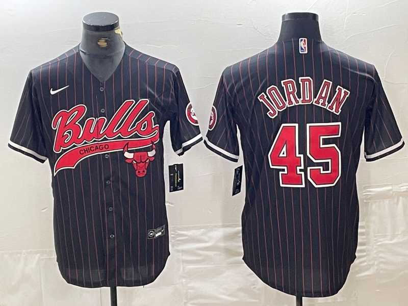 Men%27s Chicago Bulls #45 Michael Jordan Black Pinstripe Cool Base Stitched Baseball Jersey